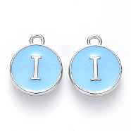 Platinum Plated Alloy Enamel Charms, Cadmium Free & Lead Free, Enamelled Sequins, Flat Round with Letter, Sky Blue, Letter.I, 14x12x2mm, Hole: 1.5mm(ENAM-S118-04I-P)