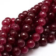 Dyed Natural White Jade Round Beads Strands, Faceted, Cerise, 8mm, Hole: 1mm, about 48pcs/strand, 15.3 inch(G-E313-8mm-05)