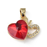 Real 18K Gold Plated Rack Plating Brass Micro Pave Clear Cubic Zirconia Pendants, with Glass, Long-Lasting Plated, Cadmium Free & Lead Free, Heart Charm, Red, 16x19.5x8mm, Hole: 5x3.2mm(KK-C015-18G-11)