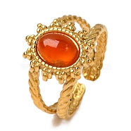 Oval Natural Carnelian Finger Rings, Golden Tone 304 Stainless Steel Open Cuff Rings for Women, 15mm, Inner Diameter: Adjustable(RJEW-Q822-23G-01)