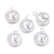 Brass Micro Pave Cubic Zirconia Pendants, with Jump Rings and Natural Shell, Long-Lasting Plated, Cadmium Free & Lead Free & Nickel Free, Flat Round with Angel, Clear, Platinum, 18x16x3mm, Hole: 3.4mm(KK-I673-35P)