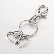 Heart to Heart Alloy Keychain, with Iron Key Rings, Antique Silver, 80mm(KEYC-JKC00050-02)