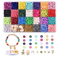 DIY Jewelry Making Kits, include 5576Pcs Handmade Polymer Clay Beads, 50Pcs Acrylic Beads, Alloy & Cowrie Shell Pendants, Iron Spacer Beads, Zinc Alloy Lobster Claw Clasps, Brass Bead Tips & Space Beads, Iron Open Jump Rings, Elastic Stretch Thread, Mixed Color, 6x0.5~1mm, Hole: 1.8~2mm(DIY-CJ0001-93)