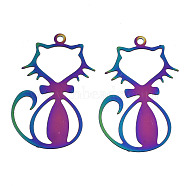Ion Plating(IP) 201 Stainless Steel Filigree Pendants, Etched Metal Embellishments, Cat, Rainbow Color, 33x20x0.3mm, Hole: 1.6mm(STAS-S118-007)