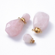 Faceted Natural Rose Quartz Openable Perfume Bottle Pendants, with Golden Tone 304 Stainless Steel Findings, 36.5~37x18~18.5x13.5mm, Hole: 1.8mm, Bottle Capacity: 1ml(0.034 fl. oz)(G-E564-10B-G)