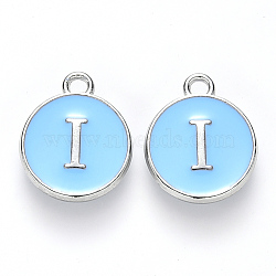 Platinum Plated Alloy Enamel Charms, Cadmium Free & Lead Free, Enamelled Sequins, Flat Round with Letter, Sky Blue, Letter.I, 14x12x2mm, Hole: 1.5mm(ENAM-S118-04I-P)