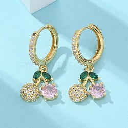 Brass Micro Pave Cubic Zirconia Hoop Earrings, Lead Free & Cadmium Free, Long-Lasting Plated, Rack Plating, Cherry, Real 18K Gold Plated, 28x12mm(EJEW-R016-15G)