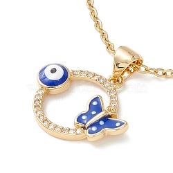 Clear Cubic Zirconia Ring with Evil Eye and Butterfly Pendant Necklace, 304 Stainless Steel Jewelry for Women, Golden, Blue, 17.72 inch(45cm)(X-NJEW-O125-54G)