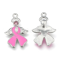October Breast Cancer Pink Awareness Ribbon, with Angel Wing Alloy Enamel Pendants, with Rhinestone, Pearl Pink, 23.5x15x2mm(ENAM-D001-2)