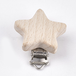 Beech Wood Baby Pacifier Holder Clips, with Iron Clips, Star, Platinum, BurlyWood, 52x44x18.5mm, Hole: 3.5x6mm(X-WOOD-T015-09)