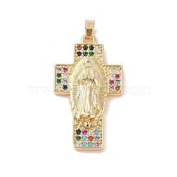 Brass Cubic Zirconia Pendants, Long-Lasting Plated, Cross with Holy Virgin Charms, Golden, Colorful, 44x25x6mm, Hole: 6X3mm(KK-Z050-05G-02)