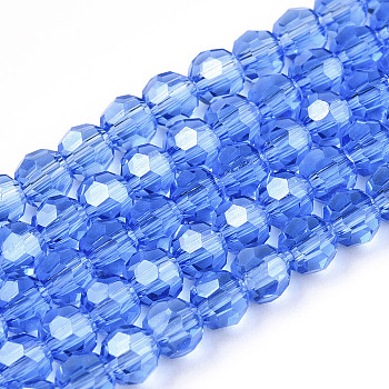 Electroplate Glass Bead Strands, Pearl Luster Plated, Faceted(32 Facets), Round, Royal Blue, 4mm
