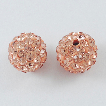 Pave Disco Ball Beads, Polymer Clay Rhinestone Beads, Round, Light Peach, 10mm, Hole: 1.5mm