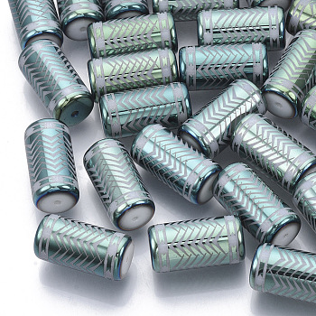 Electroplate Glass Beads, Column with Chevron Pattern, Aquamarine, 20x10mm, Hole: 1.2mm, about 50pcs/bag