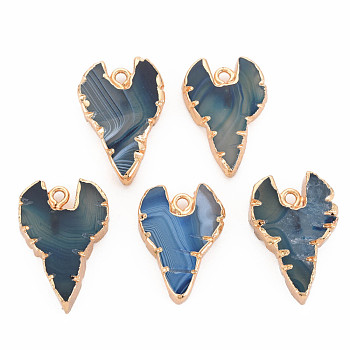 Natural Agate Pendants, with Light Gold Plated Iron Findings, Dyed & Heated, Heart, Dark Slate Blue, 27.5~31x20~21x5~6.5mm, Hole: 2mm