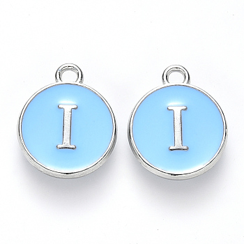 Platinum Plated Alloy Enamel Charms, Cadmium Free & Lead Free, Enamelled Sequins, Flat Round with Letter, Sky Blue, Letter.I, 14x12x2mm, Hole: 1.5mm