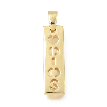 Brass Pendants, Rectangle with Heart & Word Charms, Long-Lasting Plated, Cadmium Free & Lead Free, Rack Plating, Cut-Out, Golden, 19.5x6x2mm, Hole: 5x3mm