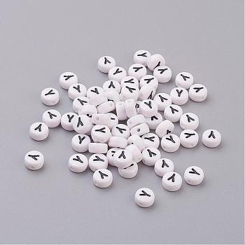 Flat Round with Letter Y Acrylic Beads, with Horizontal Hole, White & Black, Size: about 7mm in diameter, 4mm thick, hole: 1mm
