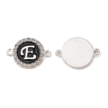 Alloy Enamel Links Connectors, with Crystal Rhinestones, Flat Round with Letter, Silver Color Plated, Letter.E, 22x16x2mm, Hole: 1.8mm