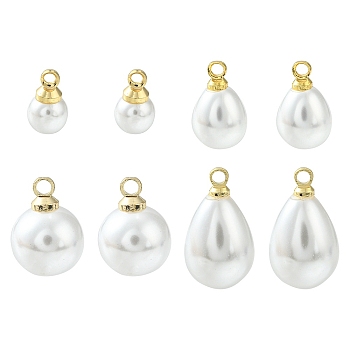 8Pcs 4 Styles ABS Plastic Imitation Pearl Charms, with Brass Findings, Round & Teardrop, Real 18K Gold Plated, 10~17x6~9.5x6~10mm, Hole: 1.6mm, 2pcs/style
