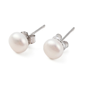 Natural Pearl Round Bead Stud Earrings, with Real Platinum Plated 925 Sterling Silver Findings, White, 16x6~7mm