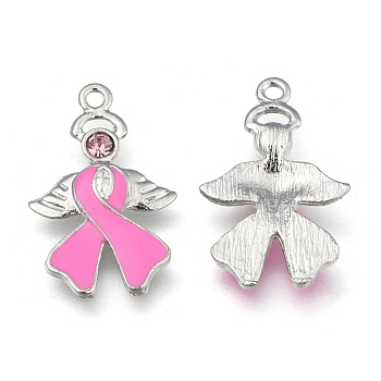 October Breast Cancer Pink Awareness Ribbon, with Angel Wing Alloy Enamel Pendants, with Rhinestone, Pearl Pink, 23.5x15x2mm