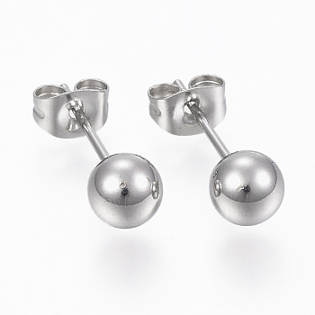 201 Stainless Steel Ball Stud Earrings, Hypoallergenic Earrings, with 316 Surgical Stainless Steel Pins, Stainless Steel Color, 4mm, Pin: 0.8mm