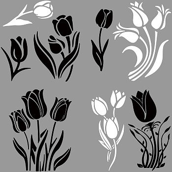 4Pcs 4 Styles PET Waterproof Self-adhesive Car Stickers, Reflective Decals for Car, Motorcycle Decoration, White & Black, Tulip, 200x200mm, 1pc/style