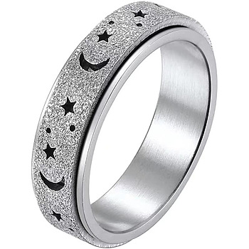 Stainless Steel Moon and Star Rotatable Finger Ring, Spinner Fidget Band Anxiety Stress Relief Ring for Women, Stainless Steel Color, US Size 6(16.5mm)