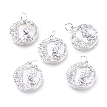 Brass Micro Pave Cubic Zirconia Pendants, with Jump Rings and Natural Shell, Long-Lasting Plated, Cadmium Free & Lead Free & Nickel Free, Flat Round with Angel, Clear, Platinum, 18x16x3mm, Hole: 3.4mm