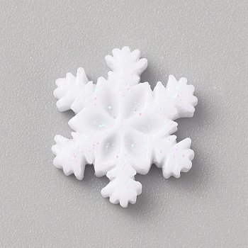 Christmas Opaque Resin Cabochons, Glitter Snowflake, White, 18x16x4mm