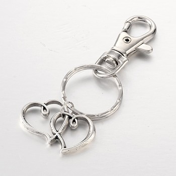 Heart to Heart Alloy Keychain, with Iron Key Rings, Antique Silver, 80mm