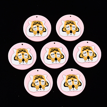 Opaque Acrylic Pendants, 3D Printed, Flat Round with Tiger, Pink, 30x2.5mm, Hole: 1.5mm