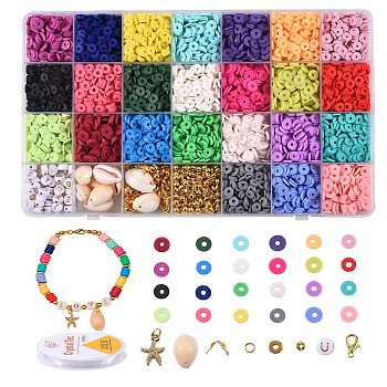 DIY Jewelry Making Kits, include 5576Pcs Handmade Polymer Clay Beads, 50Pcs Acrylic Beads, Alloy & Cowrie Shell Pendants, Iron Spacer Beads, Zinc Alloy Lobster Claw Clasps, Brass Bead Tips & Space Beads, Iron Open Jump Rings, Elastic Stretch Thread, Mixed Color, 6x0.5~1mm, Hole: 1.8~2mm