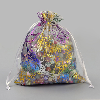 Organza Gift Bags, Drawstring Bags, with Colorful Coral Pattern, Rectangle, White, 15x10cm