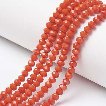 Opaque Solid Color Glass Beads Strands, Faceted, Rondelle, Orange Red, 3.5x3mm, Hole: 0.4mm, about 138pcs/strand, 15.7 inch(40cm)