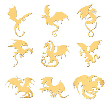 9Pcs Nickel Custom Self-adhesive Picture Stickers, Independence Day Metal Decals, Golden, Dragon, 40x40mm