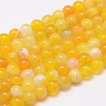 Natural Striped Agate/Banded Agate Bead Strands, Round, Grade A, Dyed & Heated, Gold, 6mm, Hole: 1mm, about 62~63pcs/strand, 14.5 inch