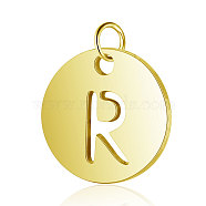 304 Stainless Steel Charms, Flat Round with Letter, Golden, Letter.R, 12x1mm, Hole: 2.5mm(STAS-S105-T514G-R)