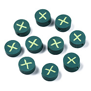 Handmade Polymer Clay Beads, Flat Round with Alphabet, Dark Green, Letter.X, 9x3.5~5mm, Hole: 1.6mm(CLAY-N011-031X)