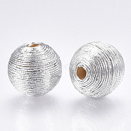 Wood Beads Covered with Polyester Cord Wire, Round, Silver, 12~13x12~12.5mm, Hole: 1.5~2mm(X-WOVE-S117-12mm-06)