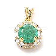 Brass Micro Pave Clear Cubic Zirconia Pendants, with Faceted Glass, Flat Round, Real 18K Gold Plated, Medium Aquamarine, 16.5x14x7mm, Hole: 5x2.5mm(KK-I695-008B)