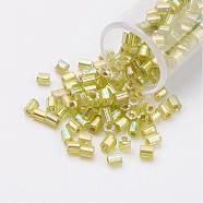 11/0 Two Cut Round Hole Glass Seed Beads, Hexagon, Silver Lined, Rainbow Plated, Green Yellow, 2x2mm, Hole: 0.5mm, about 41000pcs/pound(SEED-G006-2mm-648)