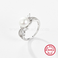 Rhodium Plated  925 Sterling Silver Finger Rings, with Pearl, Platinum, US Size 8(18.1mm)(AX5136-3)
