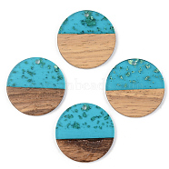 Transparent Resin & Walnut Wood Pendants, with Gold Foil, Flat Round, Dark Turquoise, 28x3mm, Hole: 2mm(RESI-S389-025A-B03)