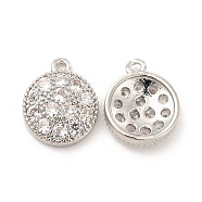 Brass Micro Pave Cubic Zirconia Charms, Flat Round Charm, Platinum, Clear, 12x10x3mm, Hole: 1.2mm(KK-E071-12P)