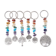 6Pcs Tibetan Style Alloy Tree of Life Keychains, with Chakra Gemstone Chips and Iron Split Key Rings, Mixed Shapes, 10.2cm(KEYC-JKC00553)