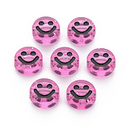 Transparent Acrylic Beads, with Glitter Powder, Flat Round with Black Enamel Smile Face, Pearl Pink, 10x5mm, Hole: 2mm, about 1450pcs/500g(MACR-N008-55-A08)