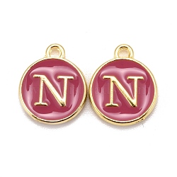 Golden Plated Alloy Enamel Charms, Cadmium Free & Lead Free, Enamelled Sequins, Flat Round with Letter, Camellia, Letter.N, 14x12x2mm, Hole: 1.5mm(ENAM-S118-08N)