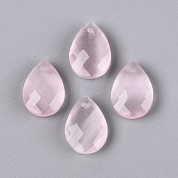 Cat Eye Pendants, Teardrop Charms, Faceted, Pink, 17.5~18.5x12.5~13.5x5~6.5mm, Hole: 0.9~1.6mm(G-N362-13Q)